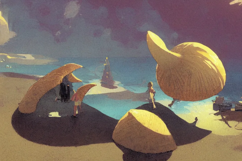 Prompt: atmospheric painting of a giant seashell where a young girl lives, by moebius and john harris, atmospheric blues, concept art, saturation 40