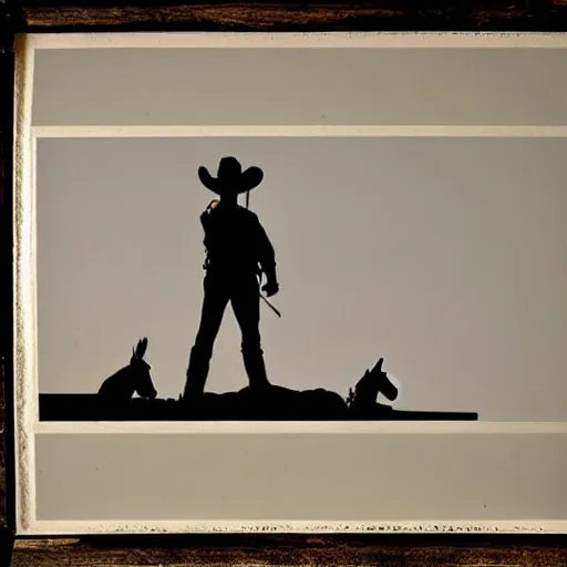 Prompt: siluette of a cowboy outlaw sitting on a horse. serigraph. screen - printed on top of a photograph. sun - bleached highlights. sanded surface in soft colors