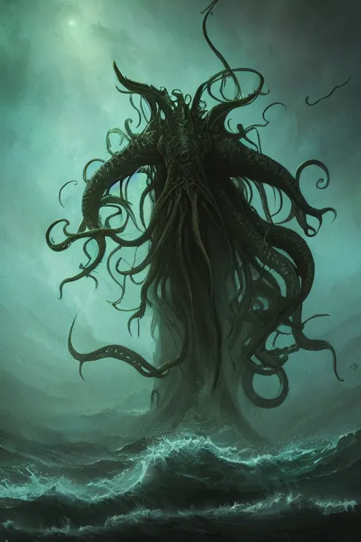 Prompt: cthulhu, eldritch, cosmic, nightmare, ocean, storm, digital art, magic the gathering, mtg, by greg rutkowski, trending on artstation