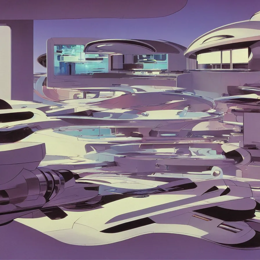 Image similar to concept art of jetsons cartoon scenario of a futuristic house, painted by syd mead