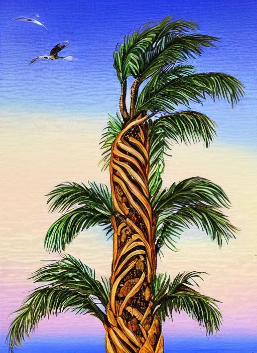 Prompt: baguettes grow on a palm tree, intricately detailed acrylic painting