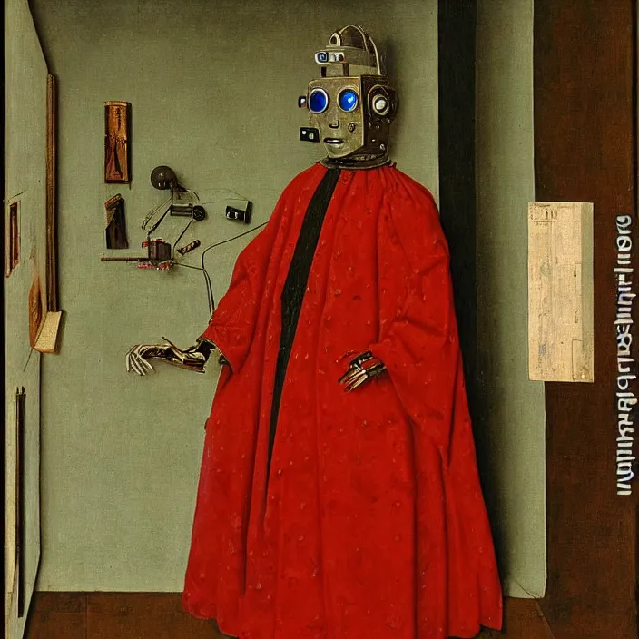 Prompt: a robot, by Jan van Eyck