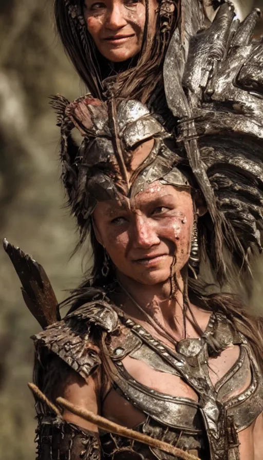 Image similar to sweated smiling beautiful ancient princess tribeswoman in fighting rage, partially destroyed armor inspired monster hunter, low shot camera, muscular, symmetrical face, clean face, subtle make up, debris and arrows flies around her, frozen time effect,dramatic lighting, cinematic, establishing shot, extremely high detail, photorealistic, 300 the movie,monster hunter the movie, dune the movie, cinematic lighting, artstation, octane render, western,old photo, vintage