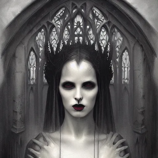 Image similar to By Tom Bagshaw, ultra realist soft painting of a gothic crypt by night, male vampire smile, horror, omnious sky, symmetry accurate features, very intricate details, black and white, volumetric light clouds