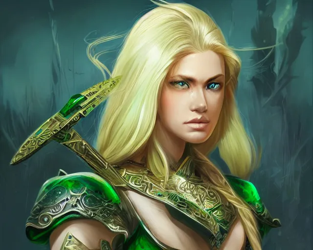 Prompt: A blonde emerald warrior, HD, illustration, epic, fantasy, intricate, elegant, amazing detail, digital painting, artstation, concept art, smooth, sharp focus, illustration, art by Frank Neidhardt