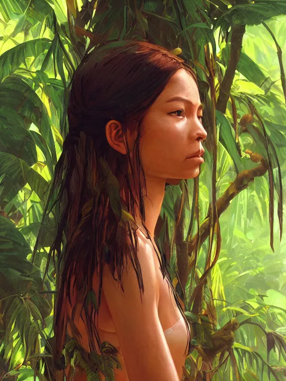 Prompt: an ultradetailed beautiful portrait painting of an female tribe native standing in a tropical jungle, side view, oil painting, high resolution, by ilya kuvshinov, greg rutkowski and makoto shinkai