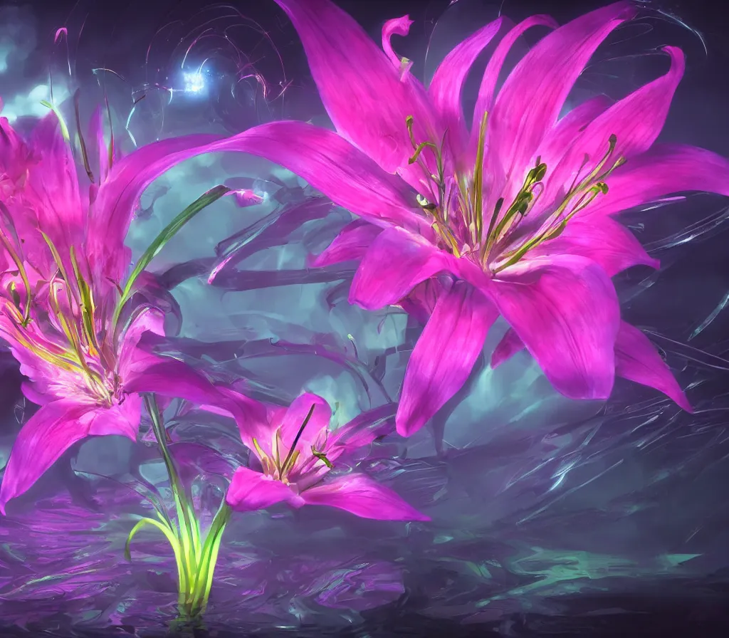 Image similar to detailed fantastic flower lily by artstation lucas parolin, dark night, neon lights, reflections ray, tracingstar trails, dramatic light, fluffy clouds, digital painting, igh detailed, 8 k render, perfect shape, hyperrealistic