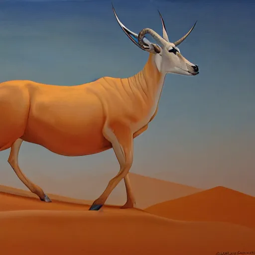 Image similar to golden oryx walks in the desert against the backdrop of a large sand dune, dawn, oil painting style,