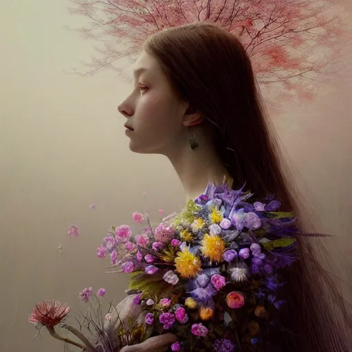 Prompt: A portrait of An angel in a dress made of flowers by Greg Rutkowski and (Yoshitaka Amano) and Zdzisław Beksiński,In style of digital illustration art,Rembrandt lighting,Ray tracing,hyper detailed,sharp focus,Soft light.4k,trending on artstation,oil on canvas