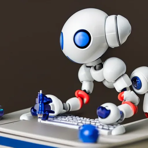 Image similar to photo of figma figures inside a diorama of a laboratory : : a cute female ball - jointed long - haired robot ( in the style of mega man ) is repairing computers. she is being helped by animal - shaped robots and abstract robots.