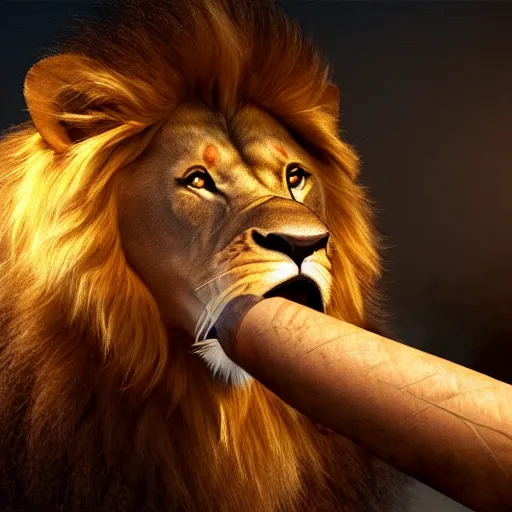 Image similar to a lion smoking a cigar, dramatic lighting, cinematic, establishing shot, extremely high detail, foto realistic, cinematic lighting, post processed, concept art, high details, cinematic, 8k resolution, beautiful detailed, photorealistic, digital painting, artstation, concept art, smooth, sharp focus, artstation trending, octane render, unreal engine