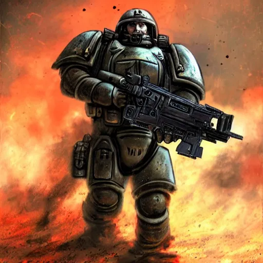 Image similar to heavy armor soldier wearing space marine like armor but in real life, walking in a river of blood full of human bloody dead bodies and human parts, shooting with his gun, explosions in background, painting style