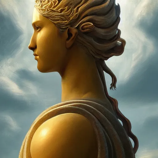 Image similar to A digital masterpiece illustration concept art of a giant statue of a Greek Goddess with its top in the heaven, symmetrical face, symmetrical body, taiga landscape + inspired art by by WLOP + Extremely detailed and intricate complexity + epic composition, magical atmosphere, cinematic lighting + wide long shot, wide angle + trending on artstation + 8k