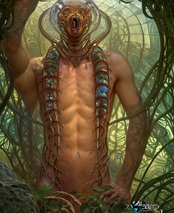 Prompt: intricate ornate opulent transparent clear see - through portrait of a terrifying beautiful male alien centipede, mottled coloring, adorable, childlike, overgrown jungle environment, ultra realistic, concept art, art nouveau, photorealistic, octane render, 8 k, unreal engine. art by christopher marley and artgerm and greg rutkowski and alphonse mucha