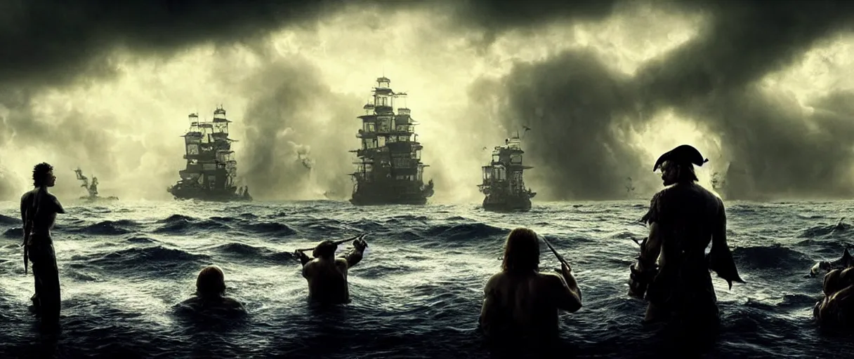Image similar to a pirate watching a giant monster out of the water, beautiful dramatic moody lighting, cinematic atmosphere, high detail, 8k, ornate, dark fantasy, masterpiece, complex, film still from the movie directed by Denis Villeneuve with art direction by Gregory Crewdson, Joel Sternfeld