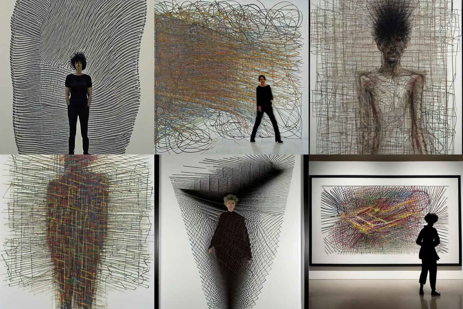 Prompt: artwork of a building and humanoid individual creature by Julie Mehretu,