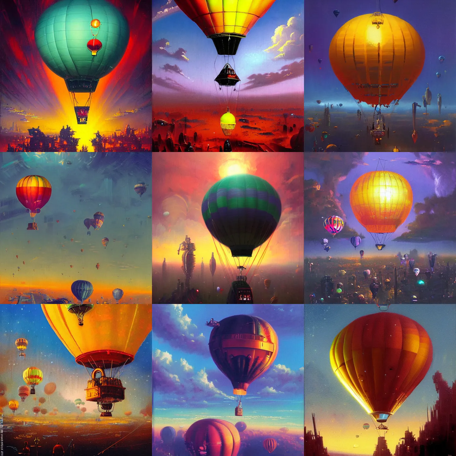 Prompt: cyberpunk hot air balloon in a crowded sky by paul lehr