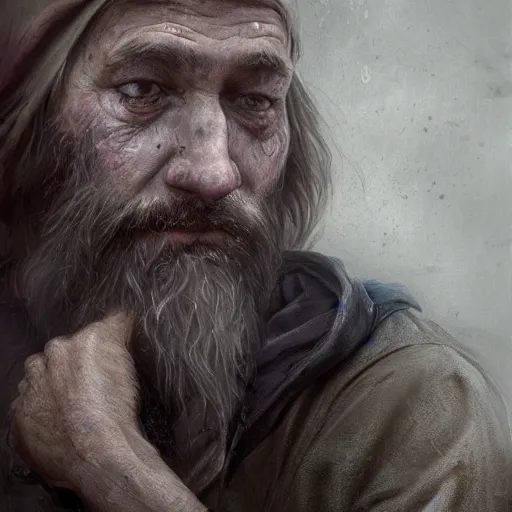 Image similar to Epic portrait A sad homeless man tearing up, sad, dirty clothes, beard, tears, digital painting, artstation, concept art, soft light, hdri, smooth, sharp focus, illustration, fantasy, intricate, elegant, highly detailed, D&D, matte painting, in the style of Greg Rutkowski and Alphonse Mucha and artemisia, 8k, highly detailed, jurgens, rutkowski, bouguereau, pastoral, rustic, georgic