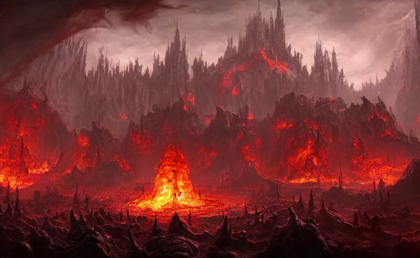 Image similar to a detailed matte painting of 9 th circle of hell, in the style of doom eternal and dark souls, unreal engine, trending on cgsociety, highly detailed, digital painting, concept art, 4 k wallpaper