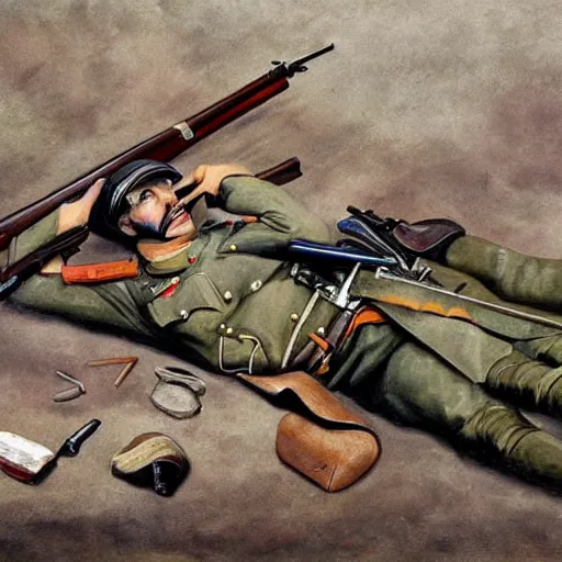 Prompt: a beautiful extremely complex painting of a german army in ww 1 lying down and his weapon next to him the army is tired of the war digital painting