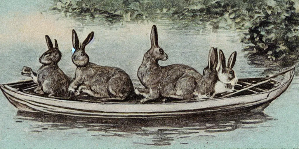 Image similar to a 1 9 1 0 s postcard representing two rabbits in a rowboat