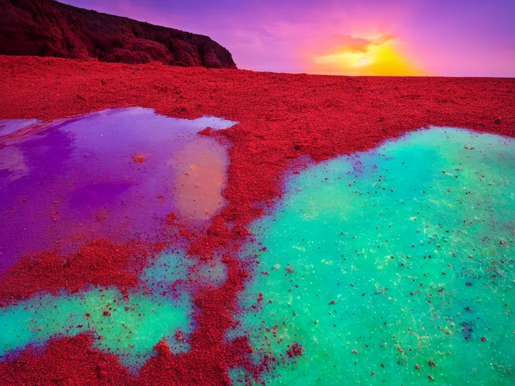 Image similar to purple refrigerator, red sand beach, green ocean, nebula sunset