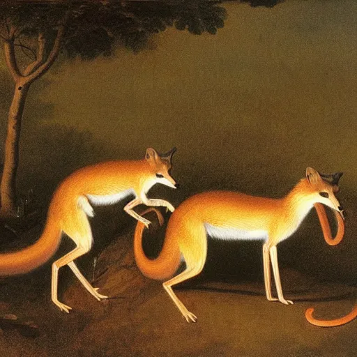 Image similar to group of long necked fox wolf rats wearing clothes, by george stubbs, oil painting