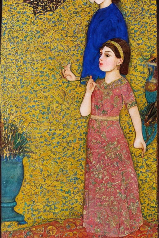 Image similar to girl waer detailed golden arabesque dress with a lot of narcissus in persian pot, persian painting