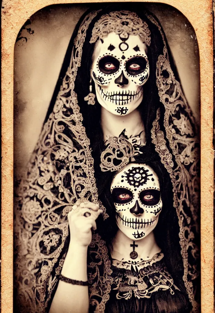 Image similar to tintype full body view, one womanvirgin mary, dia de muertos dress and make up, intricate, highly detailed,