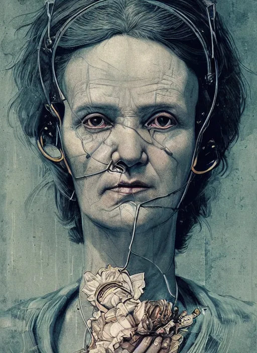 Image similar to marie curie, eun emerging from renaissance italy into a cyberpunk mutiversal realm by conrad roset, nicola samuri, dino valls, m. w. kaluta, jakub rebelka, rule of thirds, seductive look, beautiful
