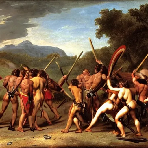 Image similar to muscular warrior women, amazonian warrior women, women fighting men, muscular men, spartan warrior men, clashing in bloody field, art by jacques - louis david