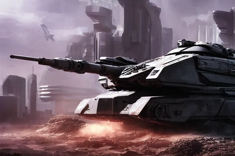 Image similar to cyberpunk alien concept inspired battlefield tank, futuristic look, highly detailed body, very powerful, photorealistic camera shot, bright studio setting, studio lighting, crisp quality and light reflections, unreal engine 5 quality render