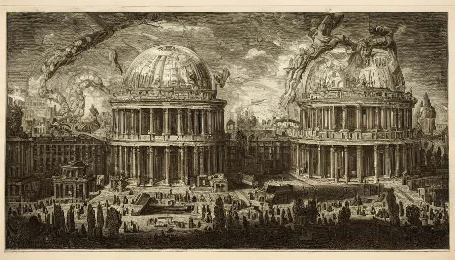 Prompt: a huge square with esoteric building with spheres, by piranesi, high quality, high detailed