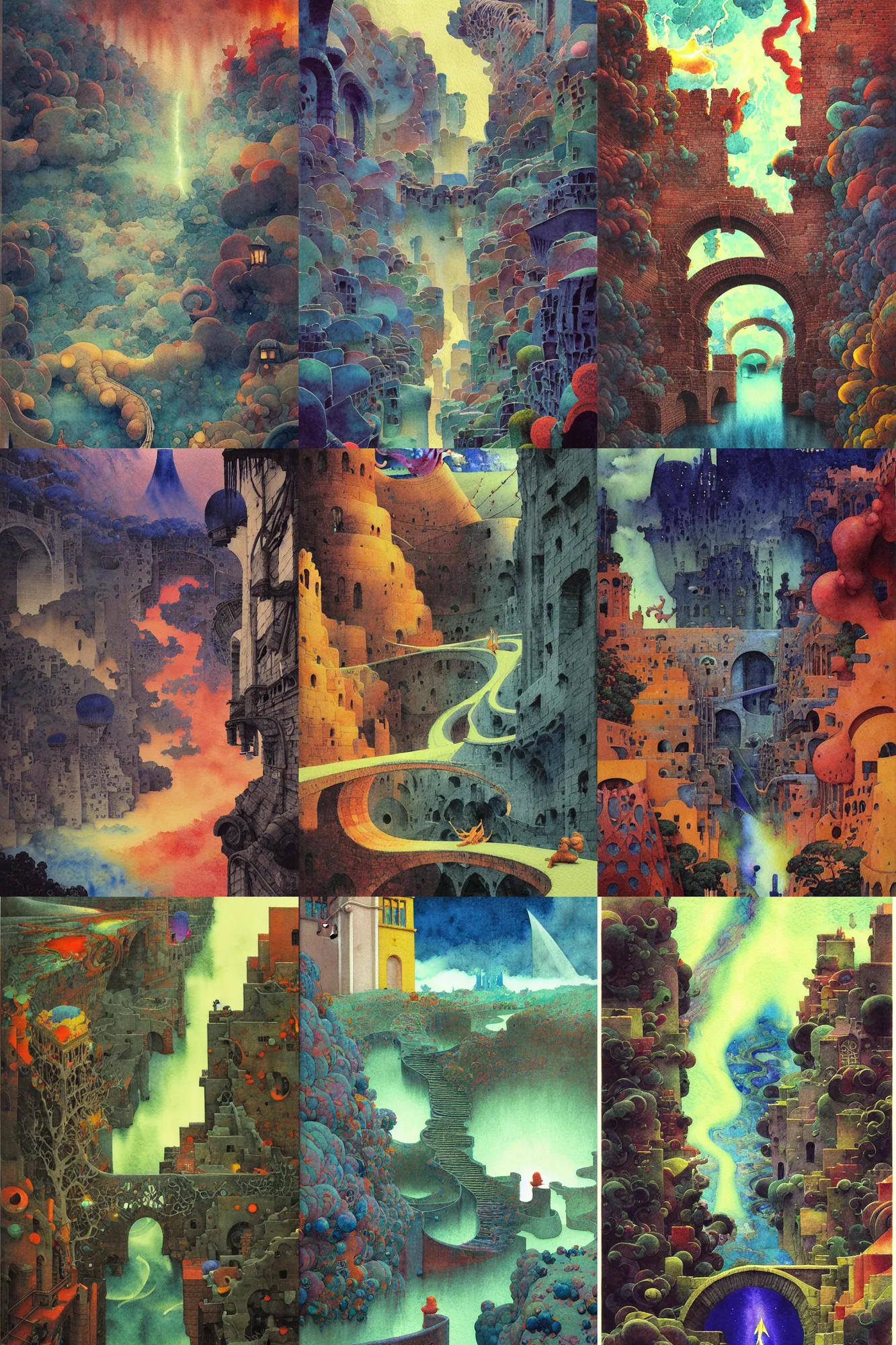 Prompt: dixit card!!!!, twisted waterway, aqueducts, focal point, character, dark fantasy. intricate, amazing composition, colorful watercolor, by ruan jia, by maxfield parrish, by shaun tan, by yoshitomo nara, by escher, by gigier illustration, dream, storm, lightning, volumetric