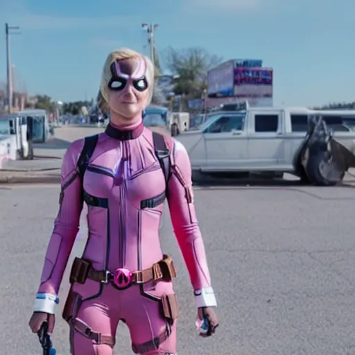 Image similar to A still of Shailene Woodley as Gwenpool in Deadpool 3 (2023), blonde hair with pink highlights, no mask, white and light-pink outfit