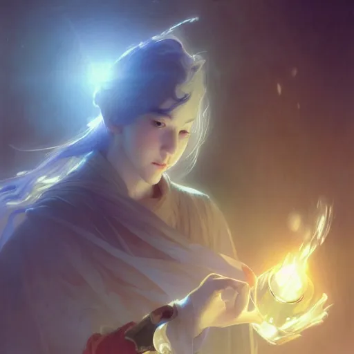 Image similar to A man drinking a cup of cosmic energy bright light, illustration by Ruan Jia and Mandy Jurgens and William-Adolphe Bouguereau, Artgerm, 4k, digital art, surreal, anime style, space dandy style, highly detailed, godsend, artstation, digital painting, concept art, smooth, sharp focus, illustration by Ruan Jia and Mandy Jurgens and William-Adolphe Bouguereau, Artgerm