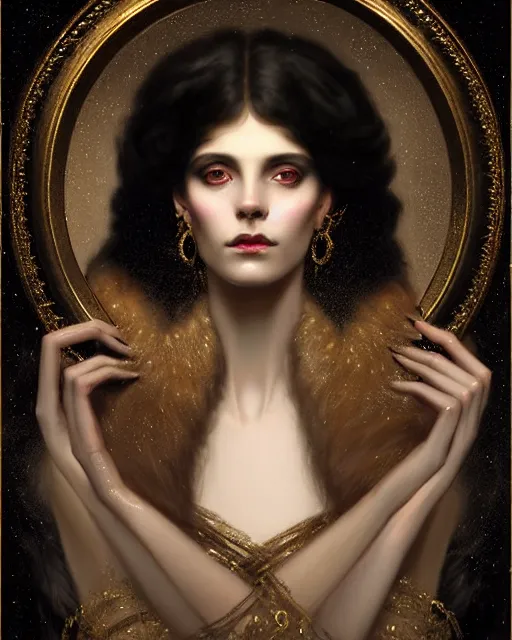 Prompt: Nocturne, glowing, stars, a portrait of a beautiful female shadow djinn creature with long fur collar, highly detailed, mysterious, ethereal, dressed in velvet and gold jewelry, haute couture, illustration, dramatic lighting, soft details, painting, by Edmund Blair Leighton, Brom, Charlie Bowater, trending on artstation, faces by Tom Bagshaw, otto schmidt