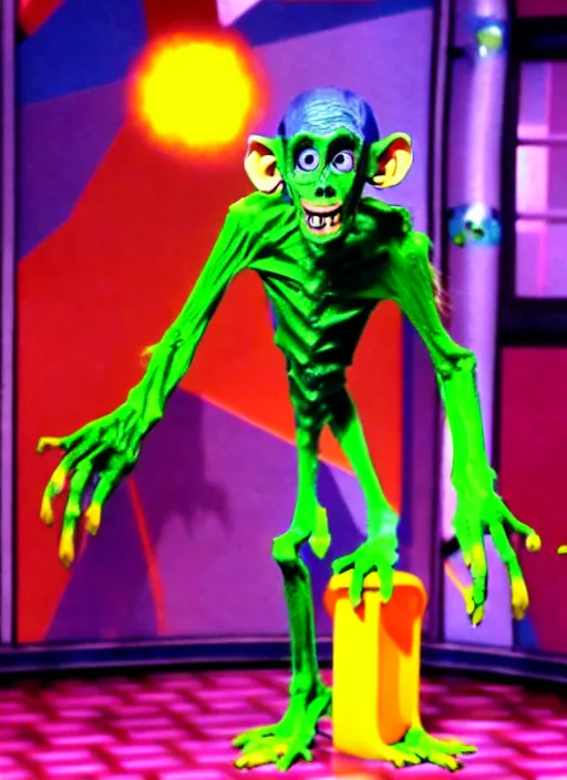 Image similar to creepy scary gangly goblin monster invades the set of a 9 0's childrens tv gameshow, 4 k resolution