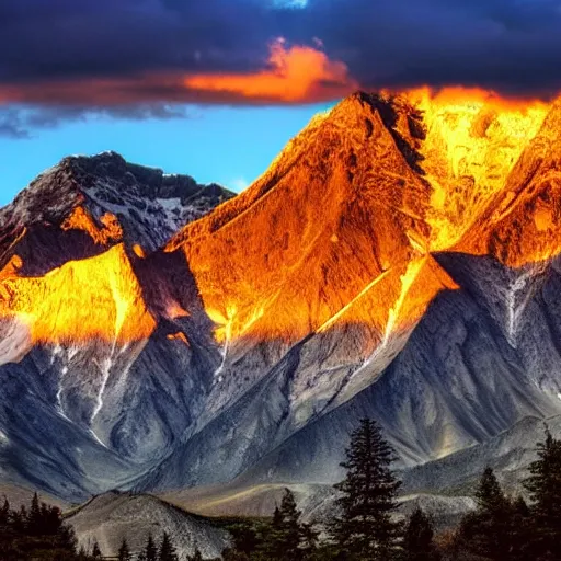 Prompt: an amazing photograph of a mountain range, the setting sun is shining on the peaks of the mountains