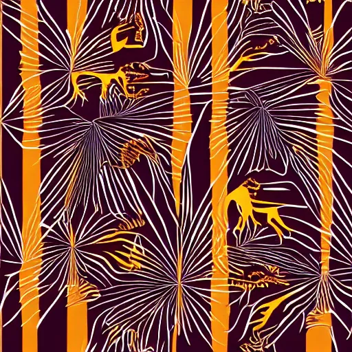 Image similar to tiger in the forest stripes orange sky palm tres sharp claws and teeth in geometric illustration style