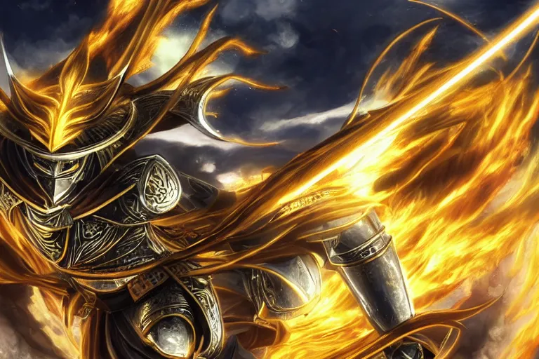 Image similar to an ultra detailed portrait of saladin as a shonen anime protagonist charging into battle wearing bright gold armor and huge flaming longsword blessed by god, epic anime fantasy, 8 k, volumetric lighting, smooth, highly detailed, digital illustration, art by kentaro miura and akira toriyama and albert bierstadt and greg rutkowsi, artstation