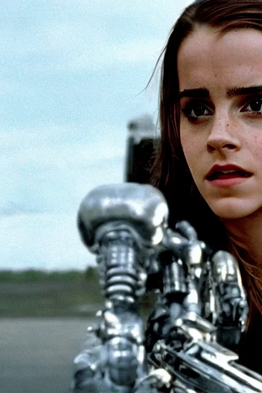 Image similar to a cinematic still of Emma Watson as The T-1000 . Terminator 2 Judgement Day.