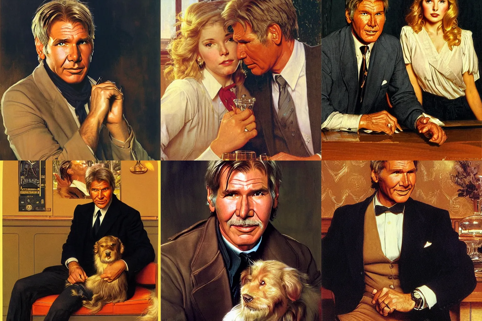 Prompt: a beautiful portrait of Harrison ford with long golden blond hair gazing warmly at the viewer, golden hour, by J.C Leyendecker and Norman Rockwell