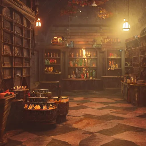 Image similar to inside a magical item shop, fantasy potion vendor interior, ufotable studio art style, gothic interior, 8K, octane render, unreal engine,