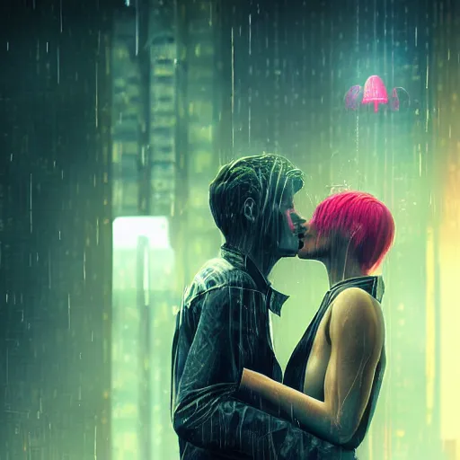 Prompt: couple, cyberpunk, cinematic, digital art, high resolution, kissing in the rain, with meteor shower, video game