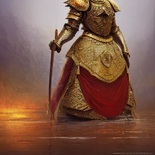 Image similar to highly detailed photorealistic painting of a capybara :: wearing a ultra detailed ornamented gold crown with diamonds, in a highly detailed medieval knight armor with red cape, standing in front of a photorealistic detailed castle, sharp focus in the style of ruan jia, Mandy jurgens, cinematic light, concept art, trending on artstation, ultra realistic, 8k octane render, unreal engine