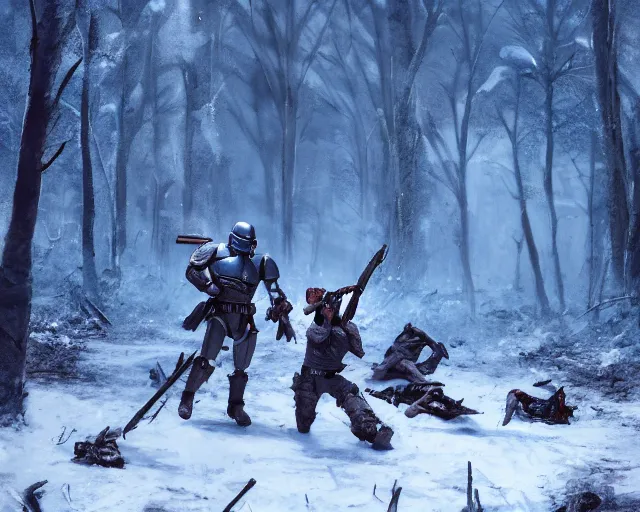 Image similar to jango fett mandalorian bounty hunter is surrounded by dead corpses bodies with blood in a snow forest, concept art highly detailed, great cinematic lighting, octane render, 8 k, depth of field, 3 d, art by greg rutkowski, trending on artstation, cinematographic shot