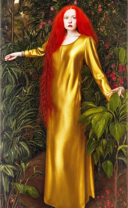 Image similar to portrait of a woman with long red hair, very beautiful style, the girl standing, in a gold suit, photorealism, against a winter garden, vanya comoretti,