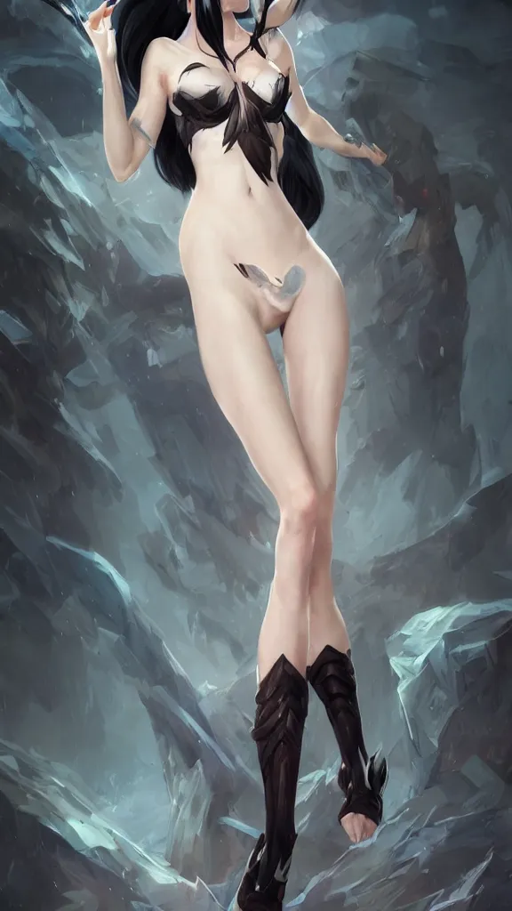 Image similar to tall woman with black hair and pale skin, from league of legends, as human, au naturel, hyper detailed, digital art, trending in artstation, cinematic lighting, studio quality, smooth render, unreal engine 5 rendered, octane rendered, art style by klimt and nixeu and ian sprigger and wlop and krenz cushart!