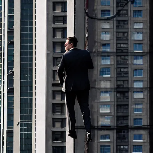 Image similar to Jon Favreau as clean-shaven Happy Hogan wearing a black suit and black necktie and black dress shoes is climbing up the side of a tall building in an urban city. The sky is filled with dark clouds and the mood is ominous.